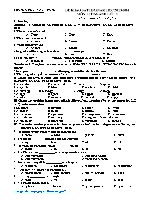 Đề thi chọn học sinh giỏi Tiếng anh lớp 8 - Năm học 2014-2015 - Phòng GD & ĐT Hoằng Hóa